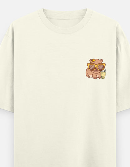 Capy-Zen-Bara oversized t-shirt front pocket print — Off White drop-shoulder unisex tee | StyleUp.Today