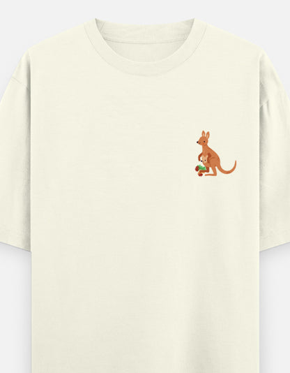 Jumping To Conclusions oversized t-shirt front pocket print — Off White drop-shoulder unisex tee | StyleUp.Today