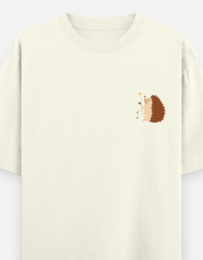 Prickly But Lovable oversized t-shirt front pocket print — Off White drop-shoulder unisex tee | StyleUp.Today