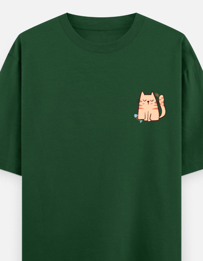 Purr-Sistent oversized t-shirt front pocket print — Bottle Green drop-shoulder unisex tee | StyleUp.Today