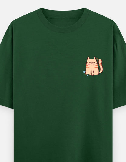 Purr-Sistent oversized t-shirt front pocket print — Bottle Green drop-shoulder unisex tee | StyleUp.Today