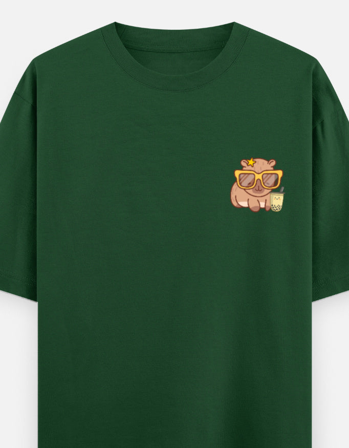 Capy-Zen-Bara oversized t-shirt front pocket print — Bottle Green drop-shoulder unisex tee | StyleUp.Today