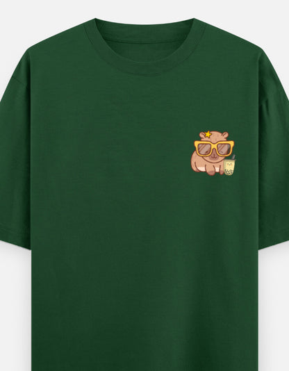 Capy-Zen-Bara oversized t-shirt front pocket print — Bottle Green drop-shoulder unisex tee | StyleUp.Today