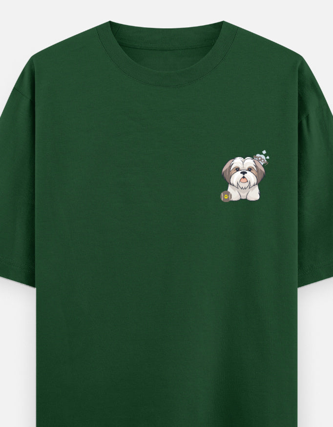 Sassy Shih Tzu oversized t-shirt front pocket print — Bottle Green drop-shoulder unisex tee | StyleUp.Today