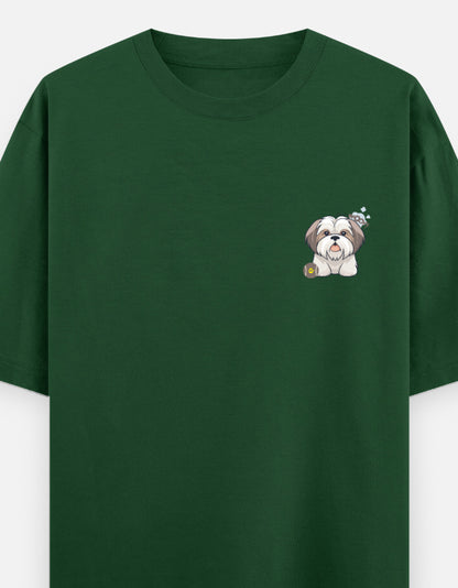 Sassy Shih Tzu oversized t-shirt front pocket print — Bottle Green drop-shoulder unisex tee | StyleUp.Today