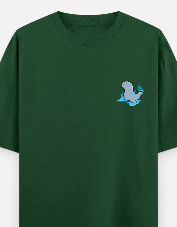 Seal Of Approval oversized t-shirt front pocket print — Bottle Green drop-shoulder unisex tee | StyleUp.Today