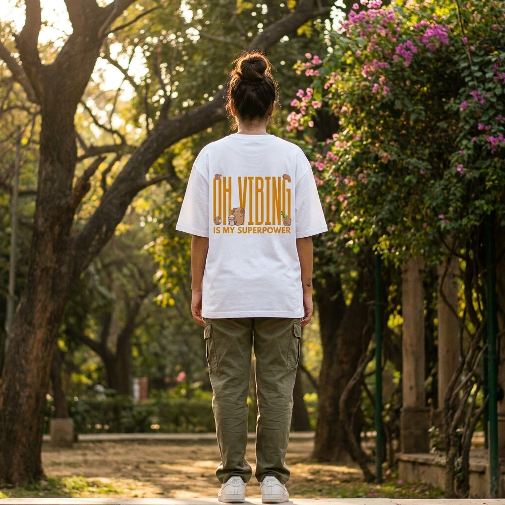 Capy-Zen-Bara oversized t-shirt back design — Oh Vibing Is My Superpower — varies unisex cotton tee | StyleUp.Today