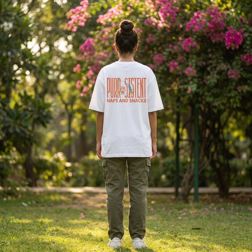 Purr-Sistent oversized t-shirt back design — Purr-Sistent — Naps and Snacks — varies unisex cotton tee | StyleUp.Today