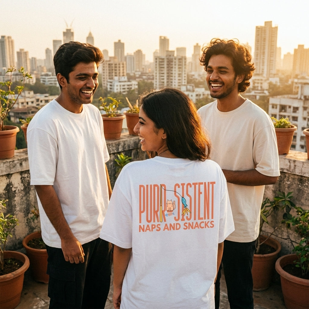 Purr-Sistent oversized graphic tee worn in an Indian street-style setting — varies streetwear India | StyleUp.Today