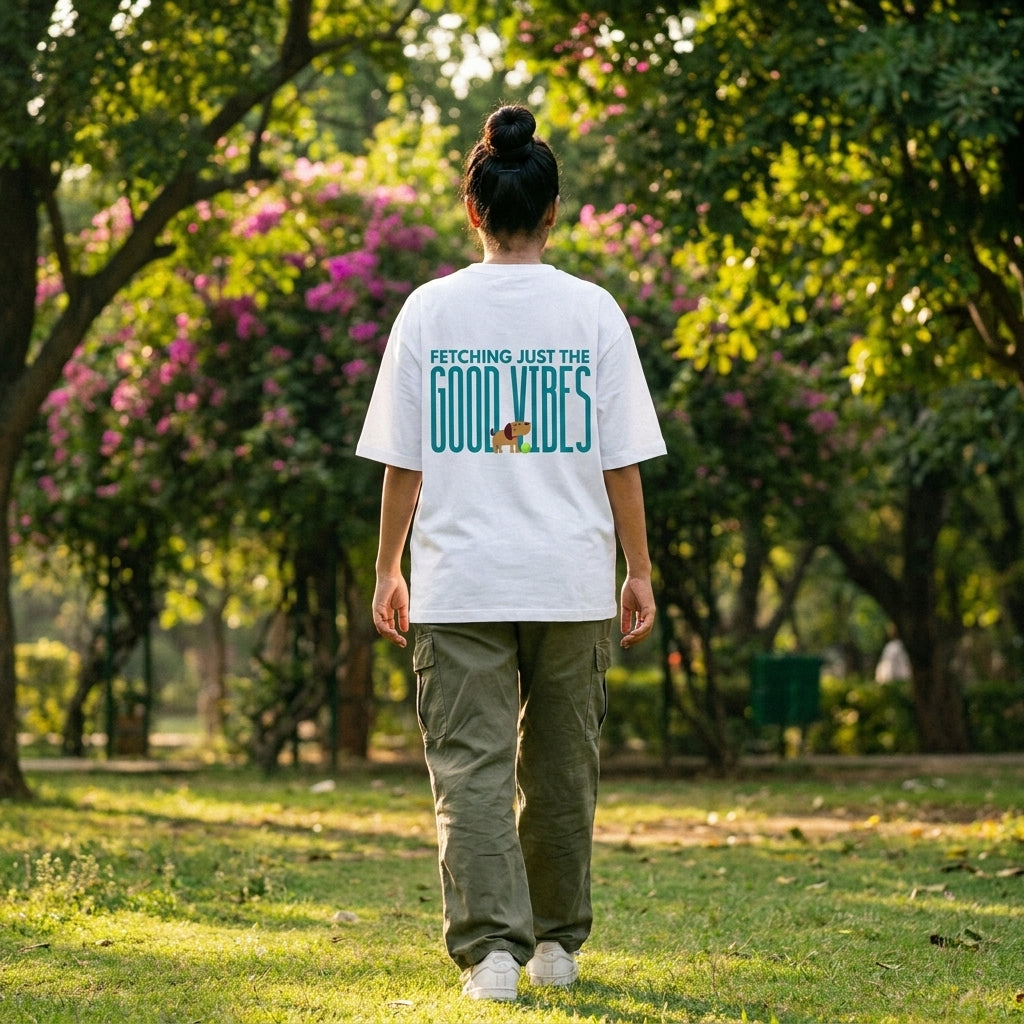 Fetching Good Vibes oversized t-shirt back design — Fetching Just The Good Vibes — varies unisex cotton tee | StyleUp.Today