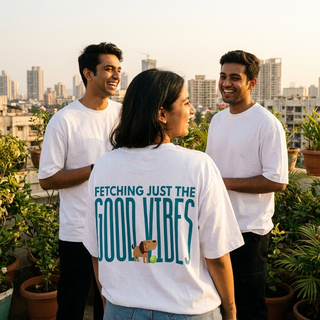 Fetching Good Vibes oversized graphic tee worn in an Indian street-style setting — varies streetwear India | StyleUp.Today