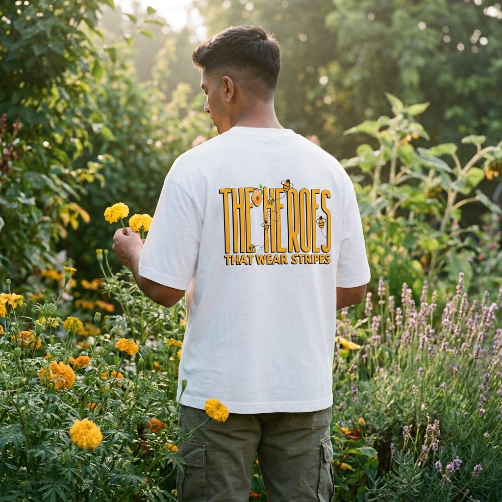 'Bee' A Hero oversized graphic tee worn in an Indian street-style setting — White streetwear India | StyleUp.Today