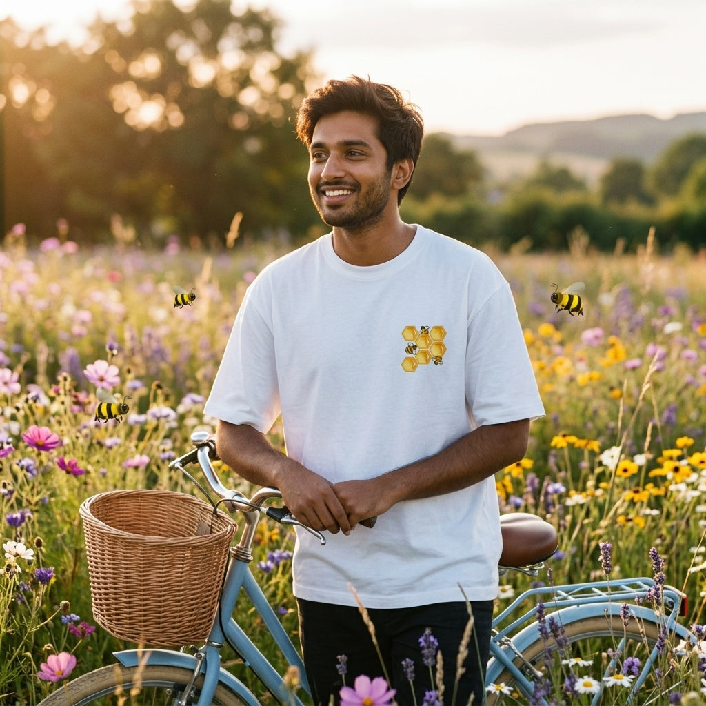 'Bee' A Hero oversized graphic tee worn in an Indian street-style setting — White streetwear India | StyleUp.Today