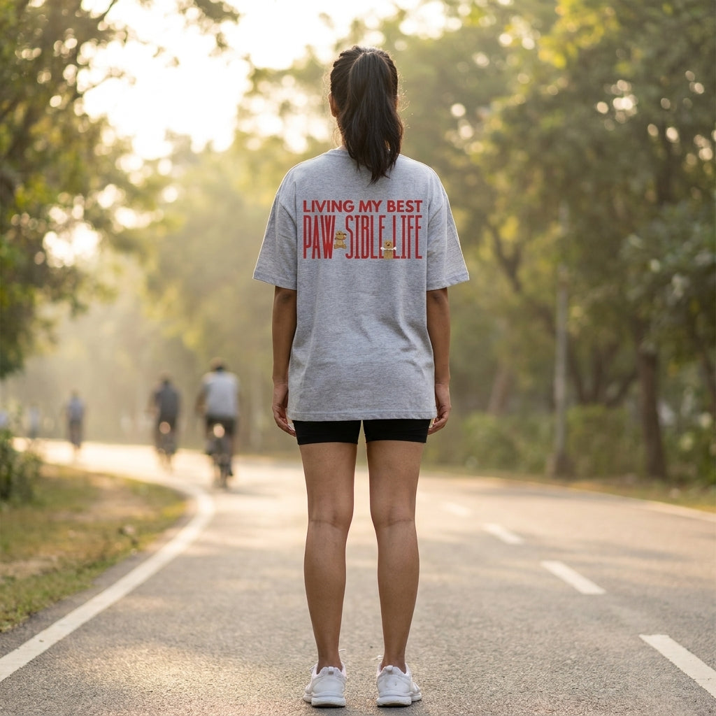Paw-Sible Life oversized graphic tee worn in an Indian street-style setting — Grey Melange streetwear India | StyleUp.Today