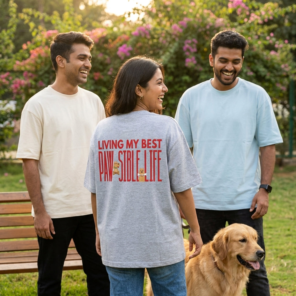 Paw-Sible Life oversized graphic tee worn in an Indian street-style setting — Grey Melange streetwear India | StyleUp.Today