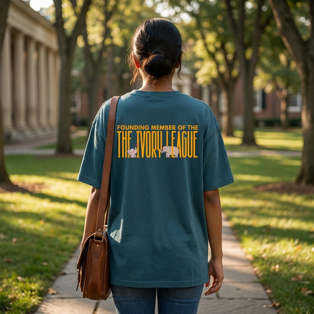 Ivory League oversized graphic tee worn in an Indian street-style setting — Petrol Blue streetwear India | StyleUp.Today