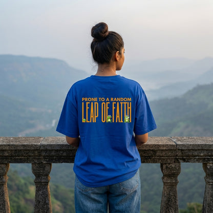 Leap Of Faith oversized graphic tee worn in an Indian street-style setting — Royal Blue streetwear India | StyleUp.Today