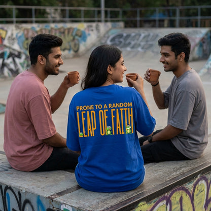 Leap Of Faith oversized graphic tee worn in an Indian street-style setting — Royal Blue streetwear India | StyleUp.Today