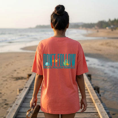 Follow Bubbles oversized graphic tee worn in an Indian street-style setting — Coral streetwear India | StyleUp.Today