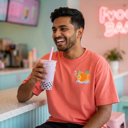 Follow Bubbles oversized graphic tee worn in an Indian street-style setting — Coral streetwear India | StyleUp.Today