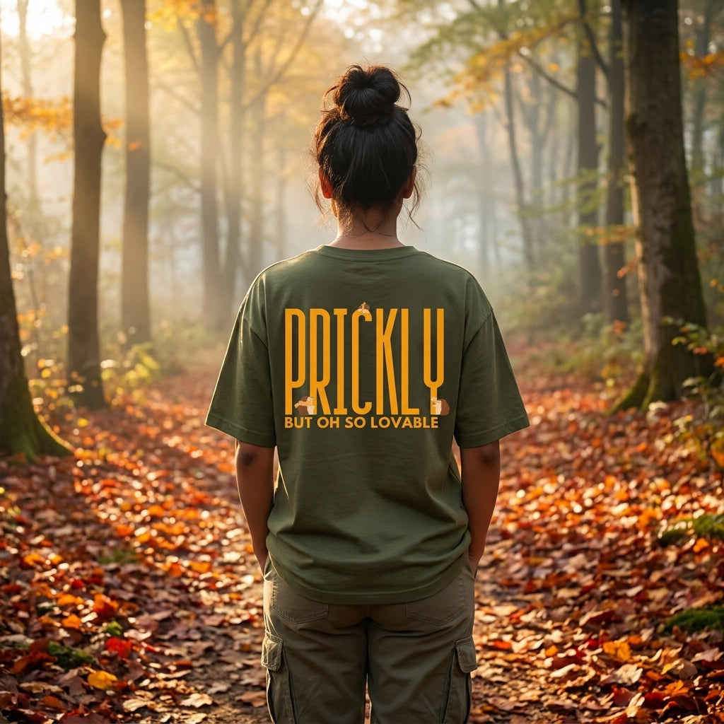 Prickly But Lovable oversized graphic tee worn in an Indian street-style setting — Olive Green streetwear India | StyleUp.Today