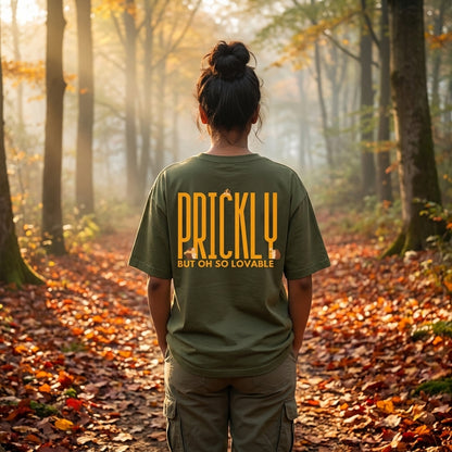 Prickly But Lovable oversized graphic tee worn in an Indian street-style setting — Olive Green streetwear India | StyleUp.Today