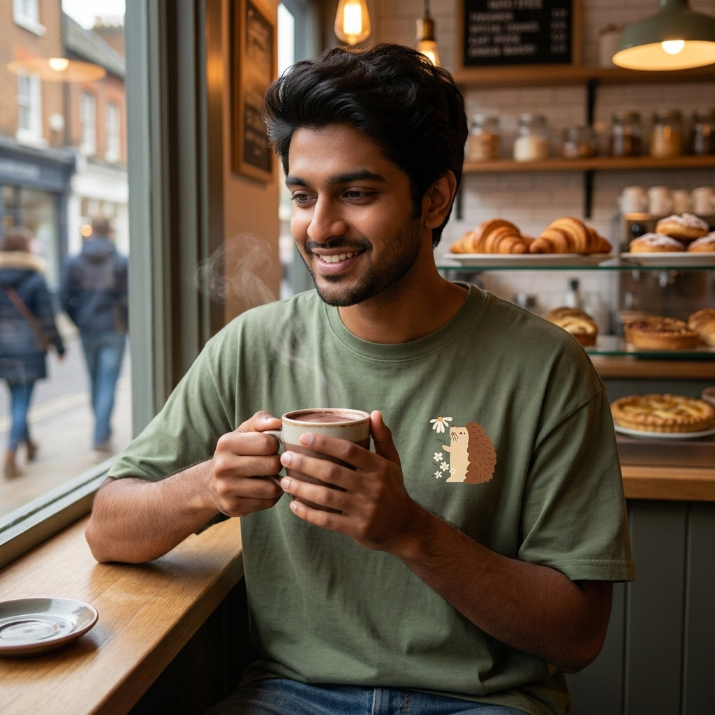 Prickly But Lovable oversized graphic tee worn in an Indian street-style setting — Olive Green streetwear India | StyleUp.Today