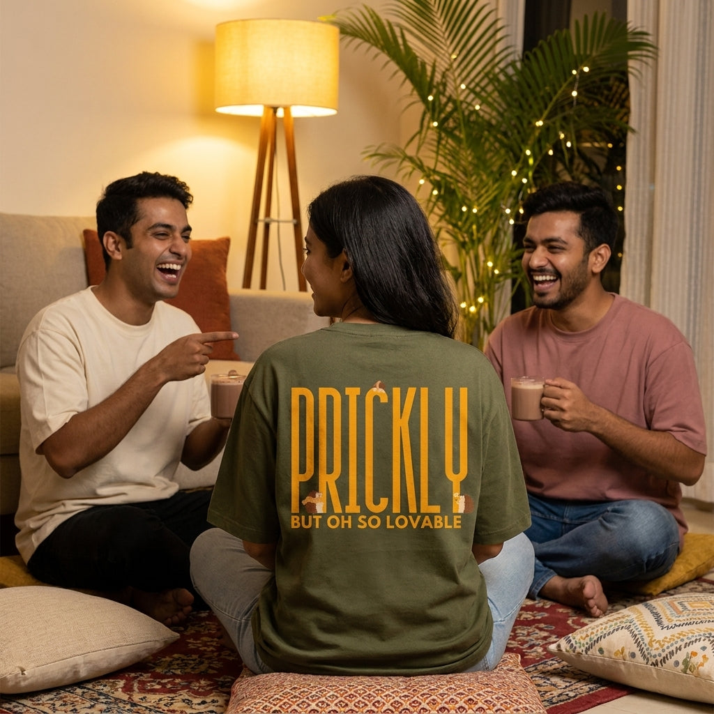 Prickly But Lovable oversized graphic tee worn in an Indian street-style setting — Olive Green streetwear India | StyleUp.Today