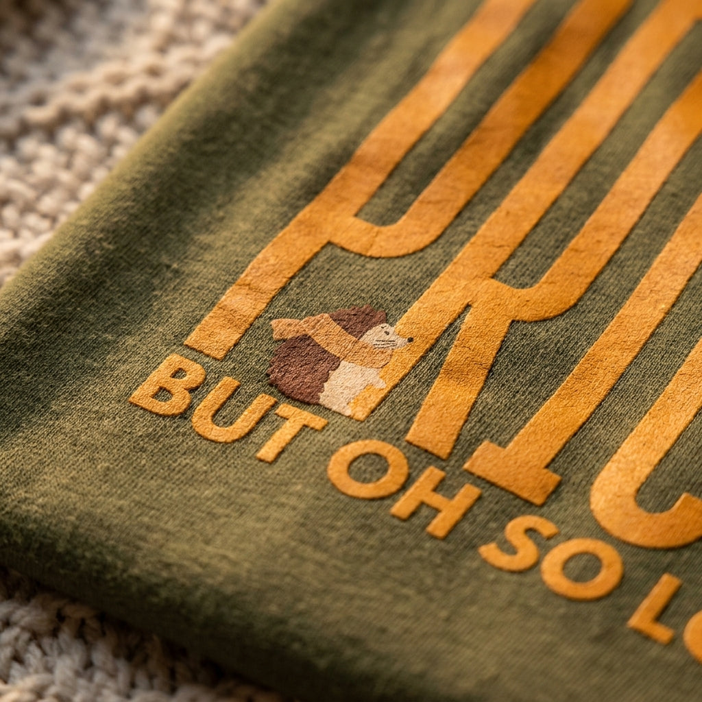 Prickly But Lovable oversized graphic tee worn in an Indian street-style setting — Olive Green streetwear India | StyleUp.Today