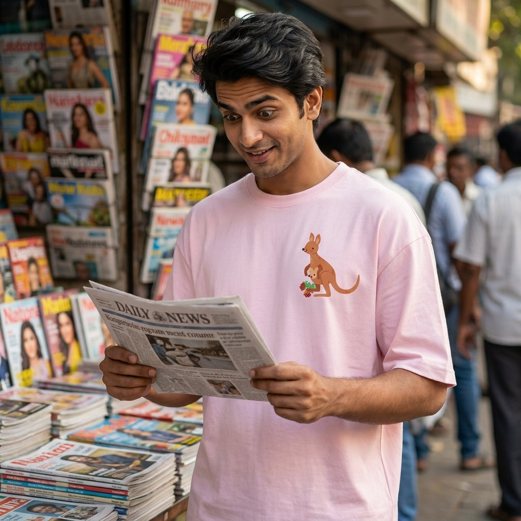 Jumping To Conclusions oversized graphic tee worn in an Indian street-style setting — Light Baby Pink streetwear India | StyleUp.Today