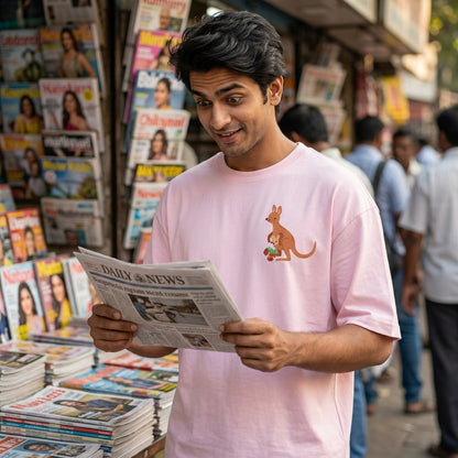 Jumping To Conclusions oversized graphic tee worn in an Indian street-style setting — Light Baby Pink streetwear India | StyleUp.Today