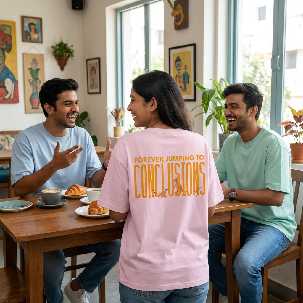 Jumping To Conclusions oversized graphic tee worn in an Indian street-style setting — Light Baby Pink streetwear India | StyleUp.Today