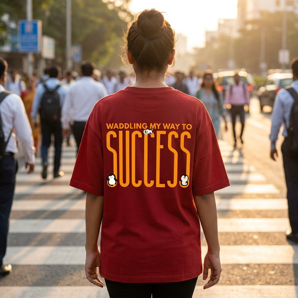 Waddling To Success oversized graphic tee worn in an Indian street-style setting — Red streetwear India | StyleUp.Today