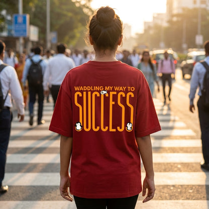 Waddling To Success oversized graphic tee worn in an Indian street-style setting — Red streetwear India | StyleUp.Today