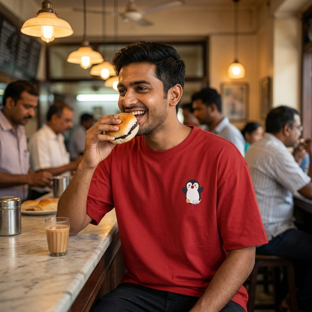 Waddling To Success oversized graphic tee worn in an Indian street-style setting — Red streetwear India | StyleUp.Today