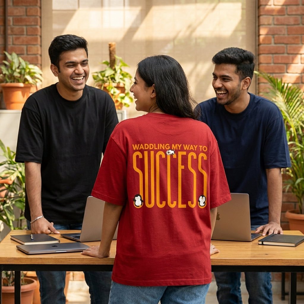 Waddling To Success oversized graphic tee worn in an Indian street-style setting — Red streetwear India | StyleUp.Today
