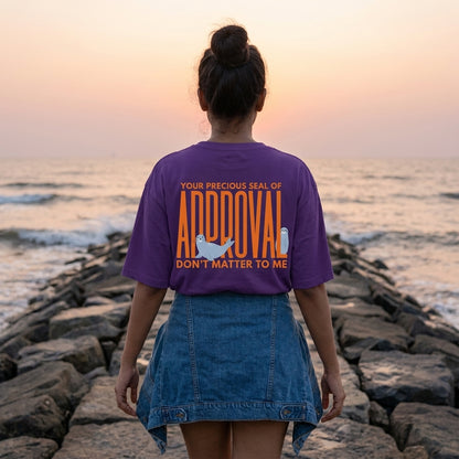 Seal Of Approval oversized graphic tee worn in an Indian street-style setting — Purple streetwear India | StyleUp.Today