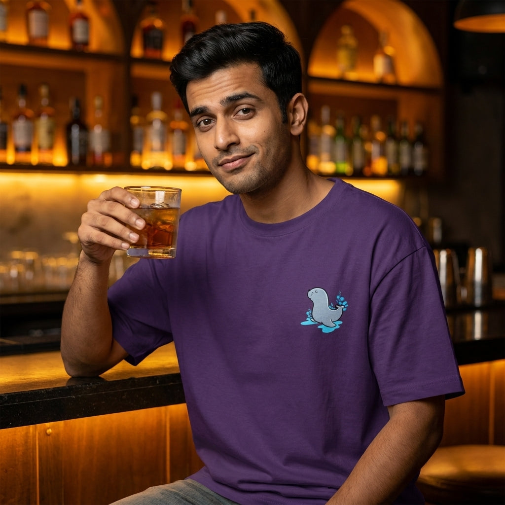 Seal Of Approval oversized graphic tee worn in an Indian street-style setting — Purple streetwear India | StyleUp.Today