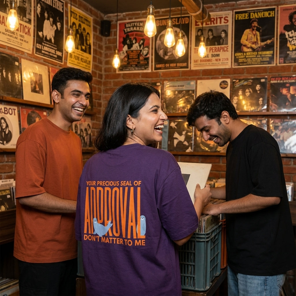 Seal Of Approval oversized graphic tee worn in an Indian street-style setting — Purple streetwear India | StyleUp.Today