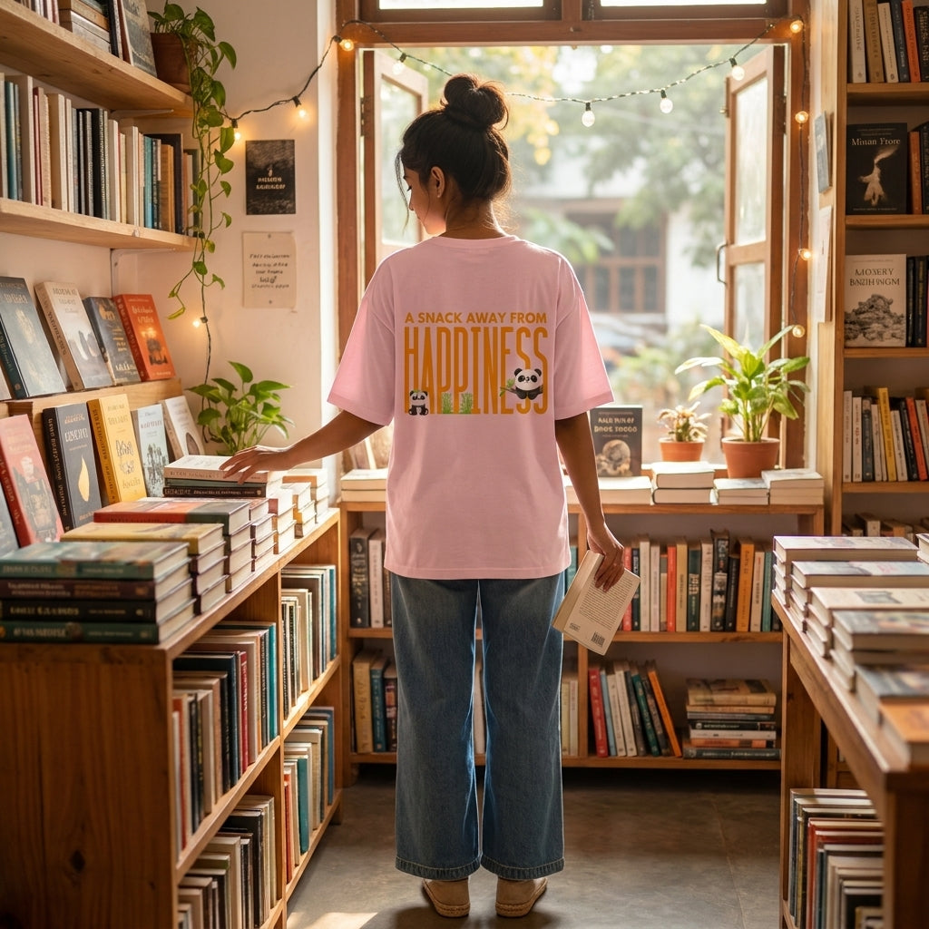 Snack Away oversized t-shirt back design — A Snack Away From Happiness — varies unisex cotton tee | StyleUp.Today