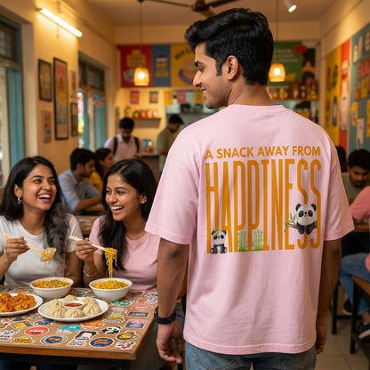 Snack Away oversized graphic tee worn in an Indian street-style setting — varies streetwear India | StyleUp.Today
